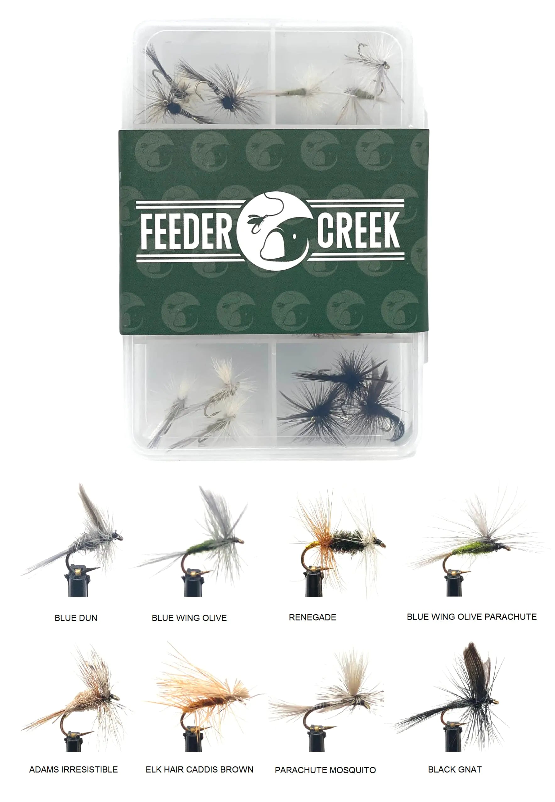 Feeder Creek Fly Fishing Assortment 24 Barbless Dry Flies in 8 Patterns (Adams Fly Renegade Dun and More) Fly Fishing Flies | Trout Flies | Bass Flies | Size 14 Includes Fly Box (Barbless Hooks)
