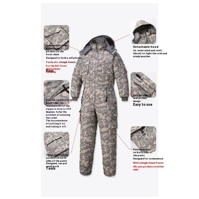 Men's Winter Waterproof Thickened Cotton Jumpsuit Clothing Camouflage Jacket Warm and Cold-proof Hooded Overalls 모터사이클 재킷
