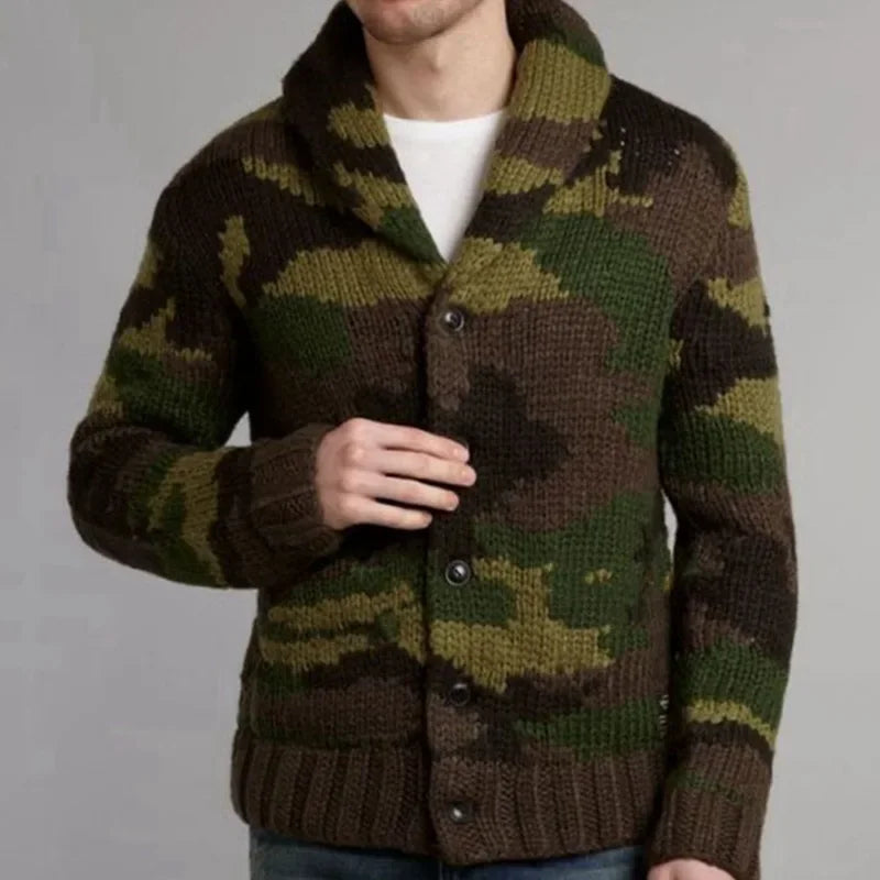 Men's Camouflage Jacquard Sweater Lapel Cardigan Knit Jacket Single-breasted Winter Thick Coat Vintage Outerwear Jerseis 3XL