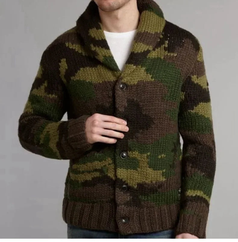 Men's Camouflage Jacquard Sweater Lapel Cardigan Knit Jacket Single-breasted Winter Thick Coat Vintage Outerwear Jerseis 3XL