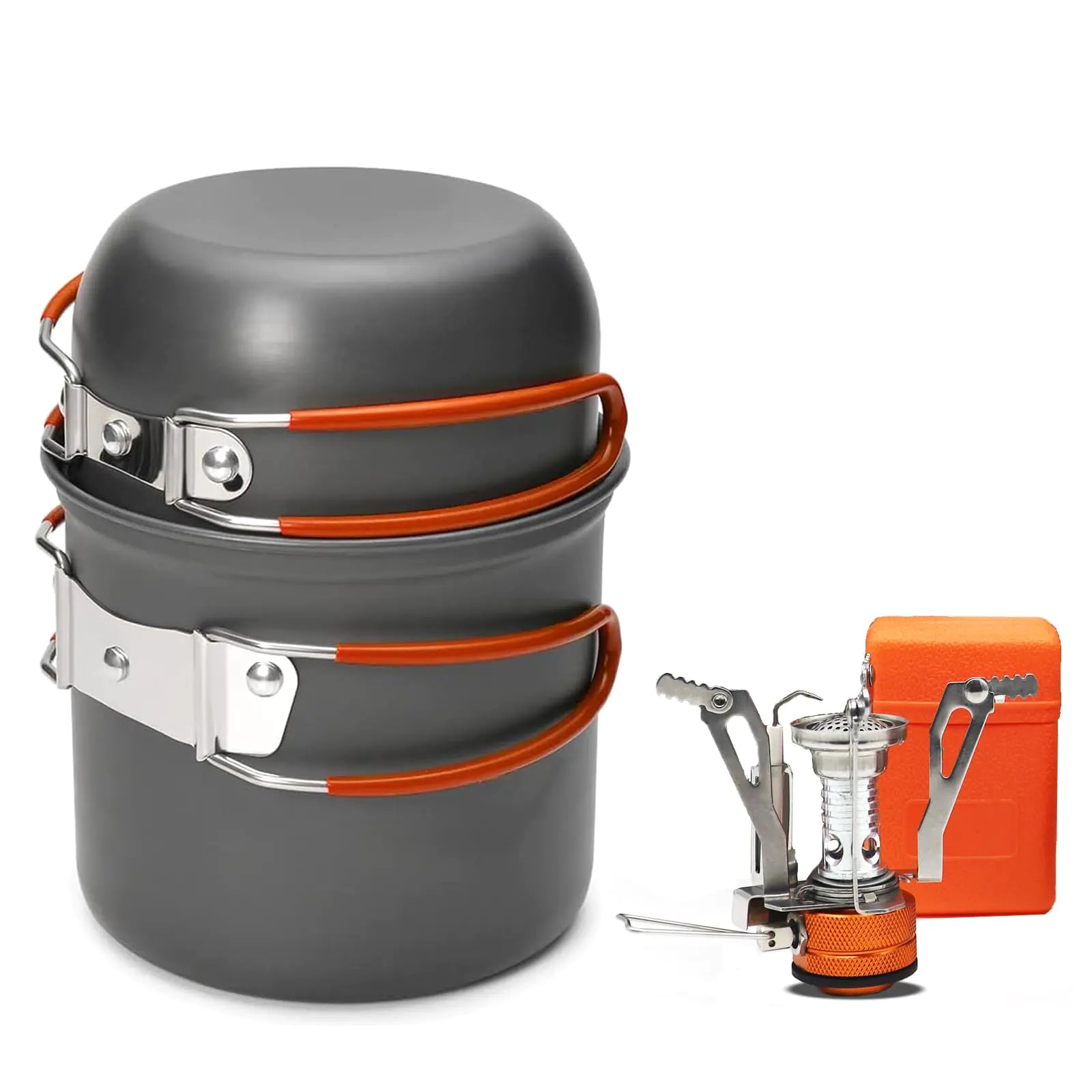 Quirkmyn 3PCS Camping Cookware Mess Kit with Lightweight Pot Mini Camp Stove and Carry Mesh Bag Great for Backpacking Outdoor Camping Hiking Campfire and Picnic(Orange)