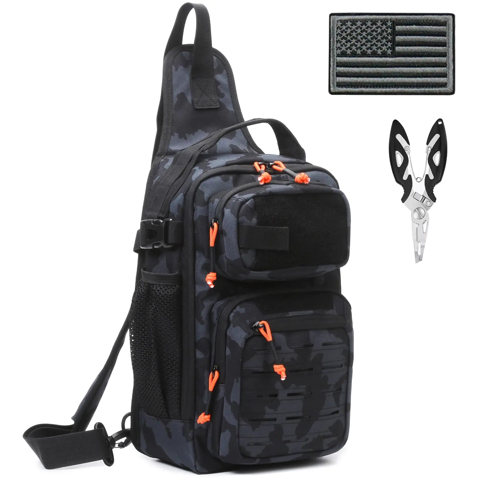 Aocmpxs Fishing Backpack 12L Tackle Storage Sling Bag Lightweight Fishing Sling Pack Tactical Shoulder Backpacks Tool Bags for Fishing with US Flag Patch and Fishing Plier (1 Pack Black Camo)