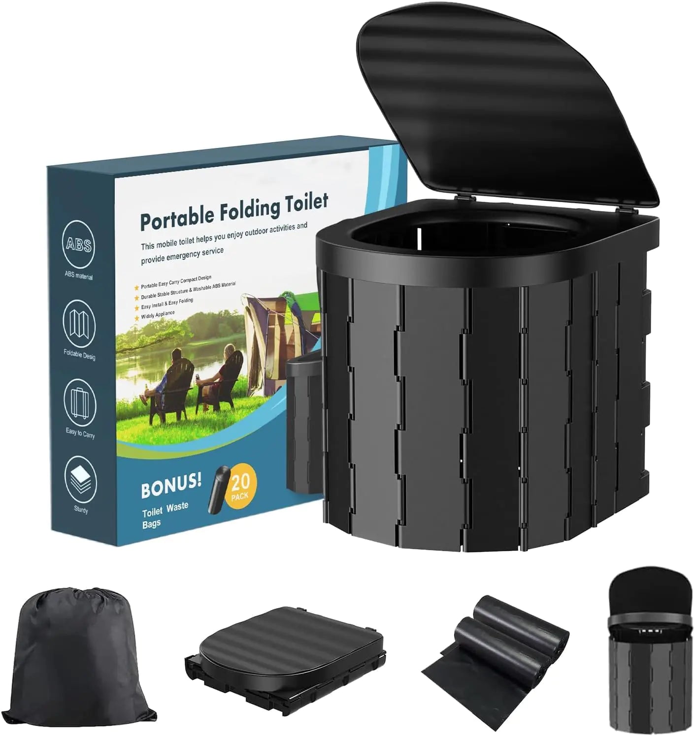 Portable Camping Toilet with Lid Portable Potty for Adults Portable Toilet Foldable Camping Toilet with 20 Count Toilet Bag for Car Bucket Boat Tent Trips Fishing Beach