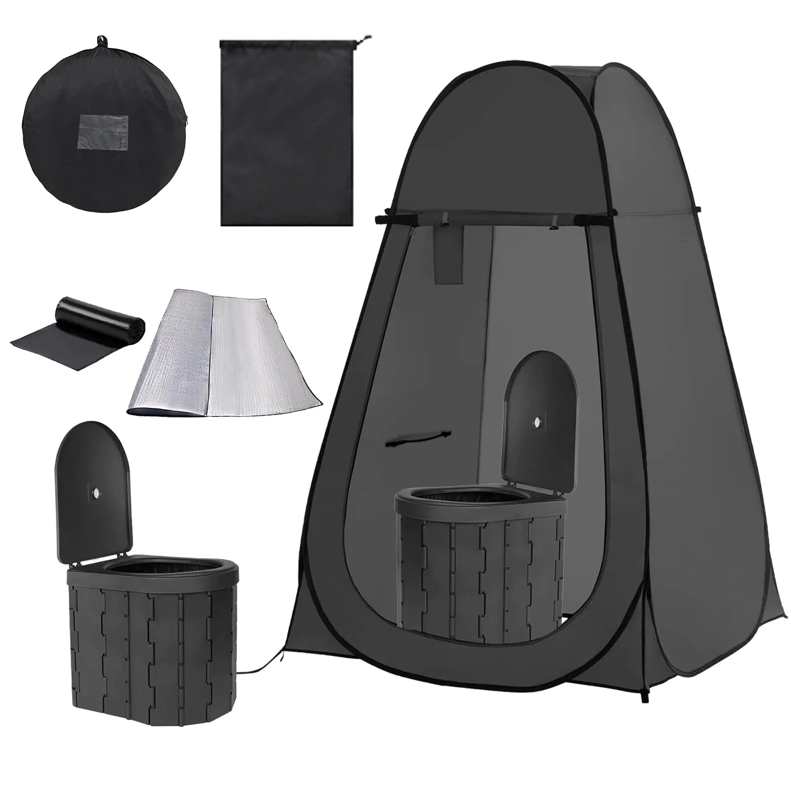 Portable Toilet and Privacy Tent for Adults Pop Up Potty Tent Outdoor Portable Toilet for Camping with 15 Toilet Bags Mat Pop-up Tent for Toilet Travel Changing (Black)