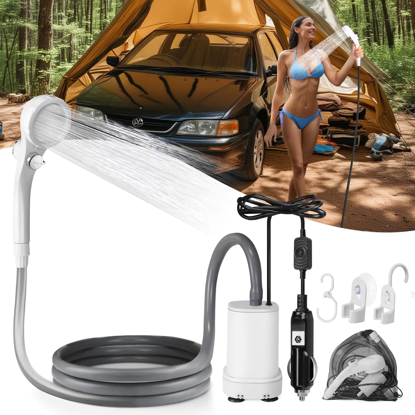 AUTOPkio Portable Camping Shower 12v Plug-and-Play Camp Showerhead Kit with Brushless Motor Camp Shower Pump for Outdoor Hiking Rv Travel