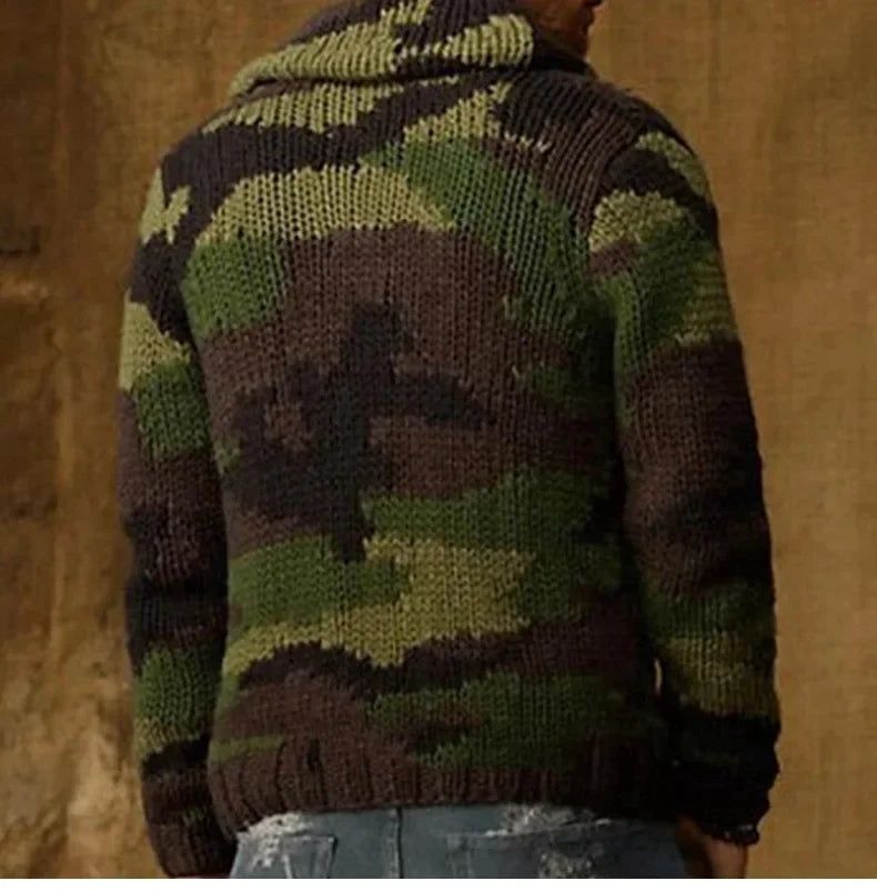 Men's Camouflage Jacquard Sweater Lapel Cardigan Knit Jacket Single-breasted Winter Thick Coat Vintage Outerwear Jerseis 3XL