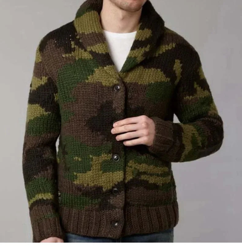 Men's Camouflage Jacquard Sweater Lapel Cardigan Knit Jacket Single-breasted Winter Thick Coat Vintage Outerwear Jerseis 3XL