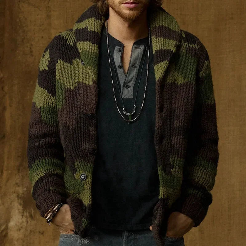 Men's Camouflage Jacquard Sweater Lapel Cardigan Knit Jacket Single-breasted Winter Thick Coat Vintage Outerwear Jerseis 3XL