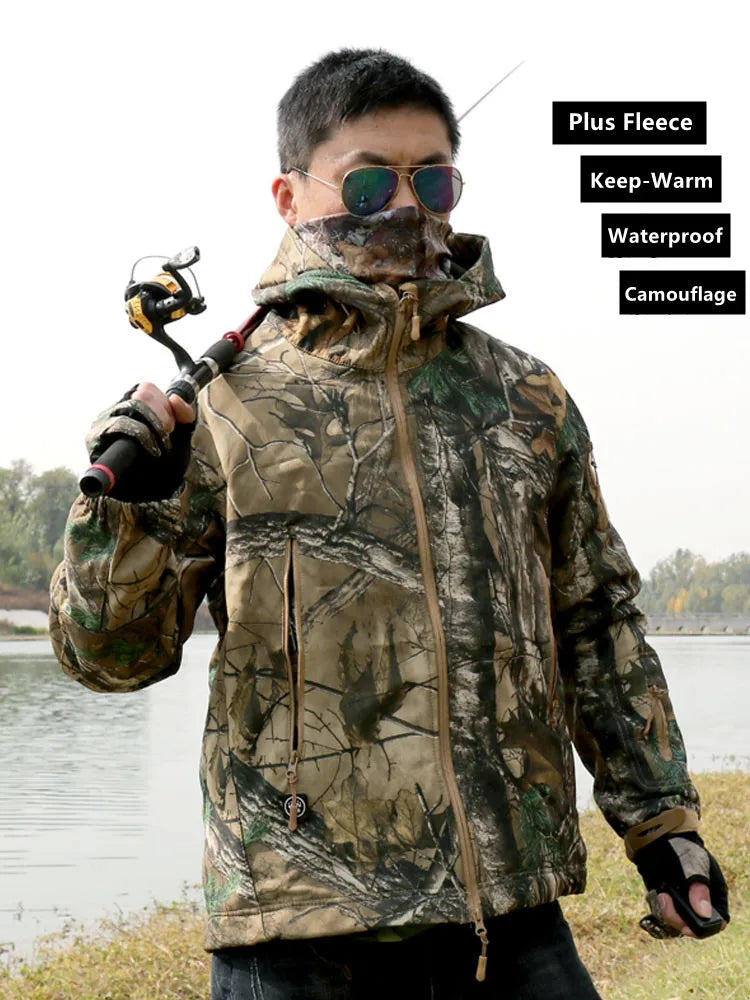 Keep-Warm Fleece Tactical Hiking Jacket Wind Waterproof Fishing Hoodie Bionic Camouflage Hunting Jacket Coat Sniper Clothes