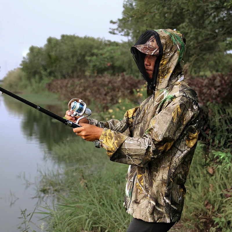 Summer Thin Soft Breathable Fishing Sun Protection Clothes Anti-Mosquito Fishing Hoodies Bionic Camouflage Sports Hunting Jacket