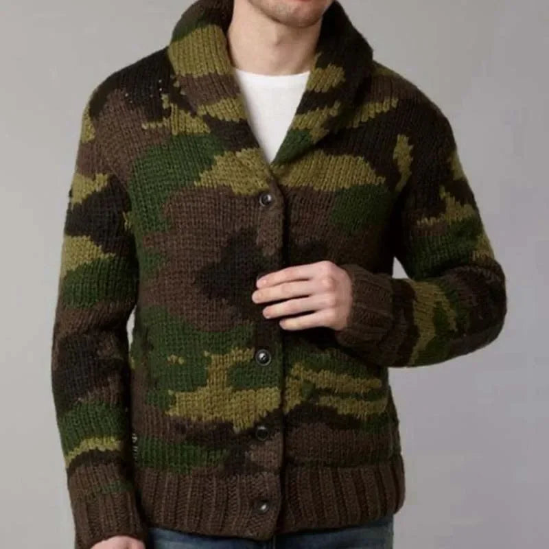 Men's Camouflage Jacquard Sweater Lapel Cardigan Knit Jacket Single-breasted Winter Thick Coat Vintage Outerwear Jerseis 3XL