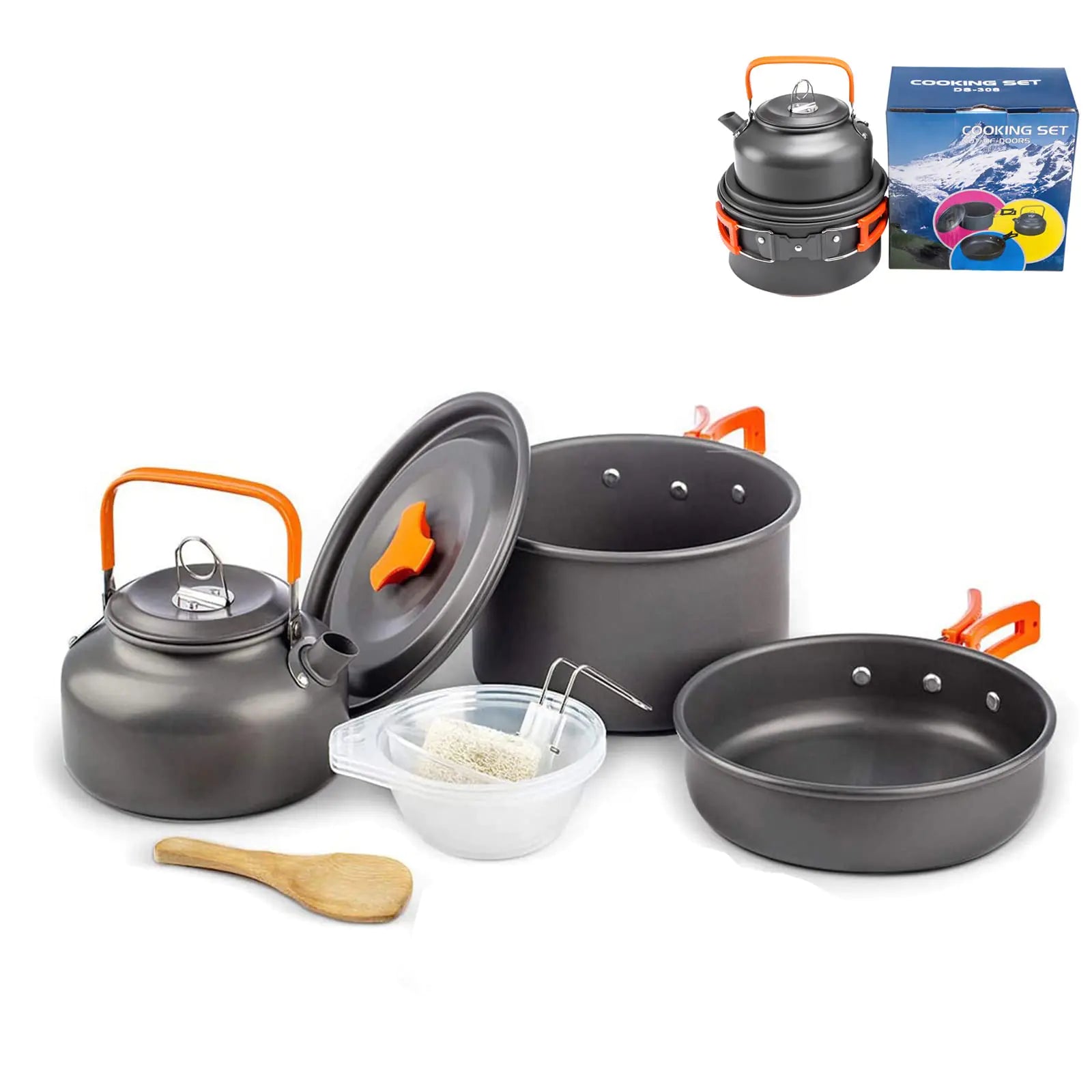 Outdoor Aluminum Camping Cookware Mess KitFolding Cookset Camping Teapot and PanNon-Stick Lightweight Pots Pans with Mesh Storage Bag for Camping Backpacking Outdoor Cooking and Picnic (Orange)