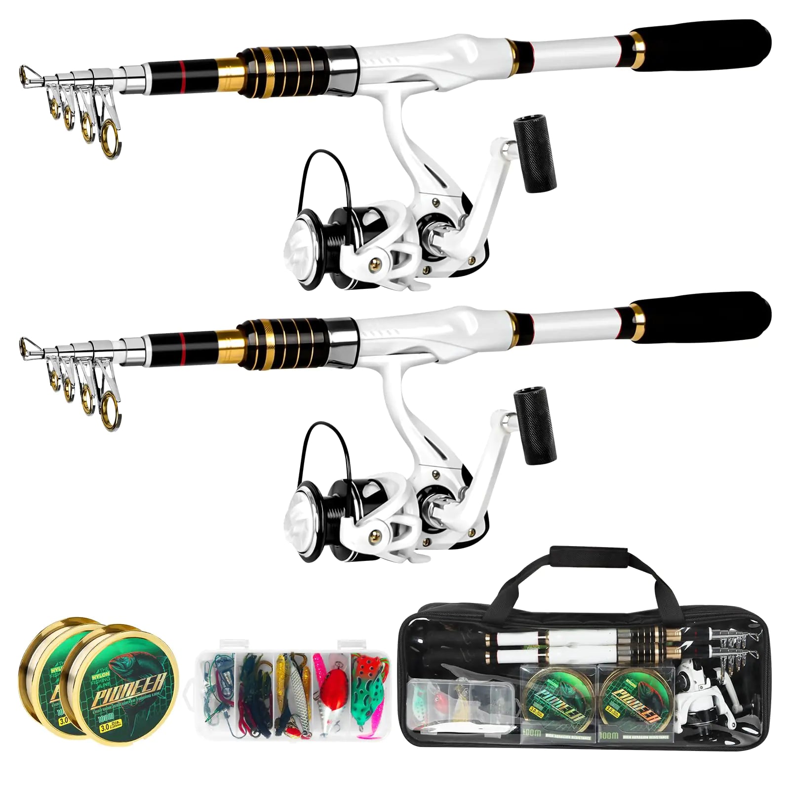 MOM & SON SPECIAL! White Fishing Pole Combo 6.89FT/2.1M 2PCS Telescopic Fishing Rod and Reel Combo Spinning Reels Lures Set Fishing Line Carrier Bag for Travel Saltwater Freshwater Fishing Collapsible Fishing Kits