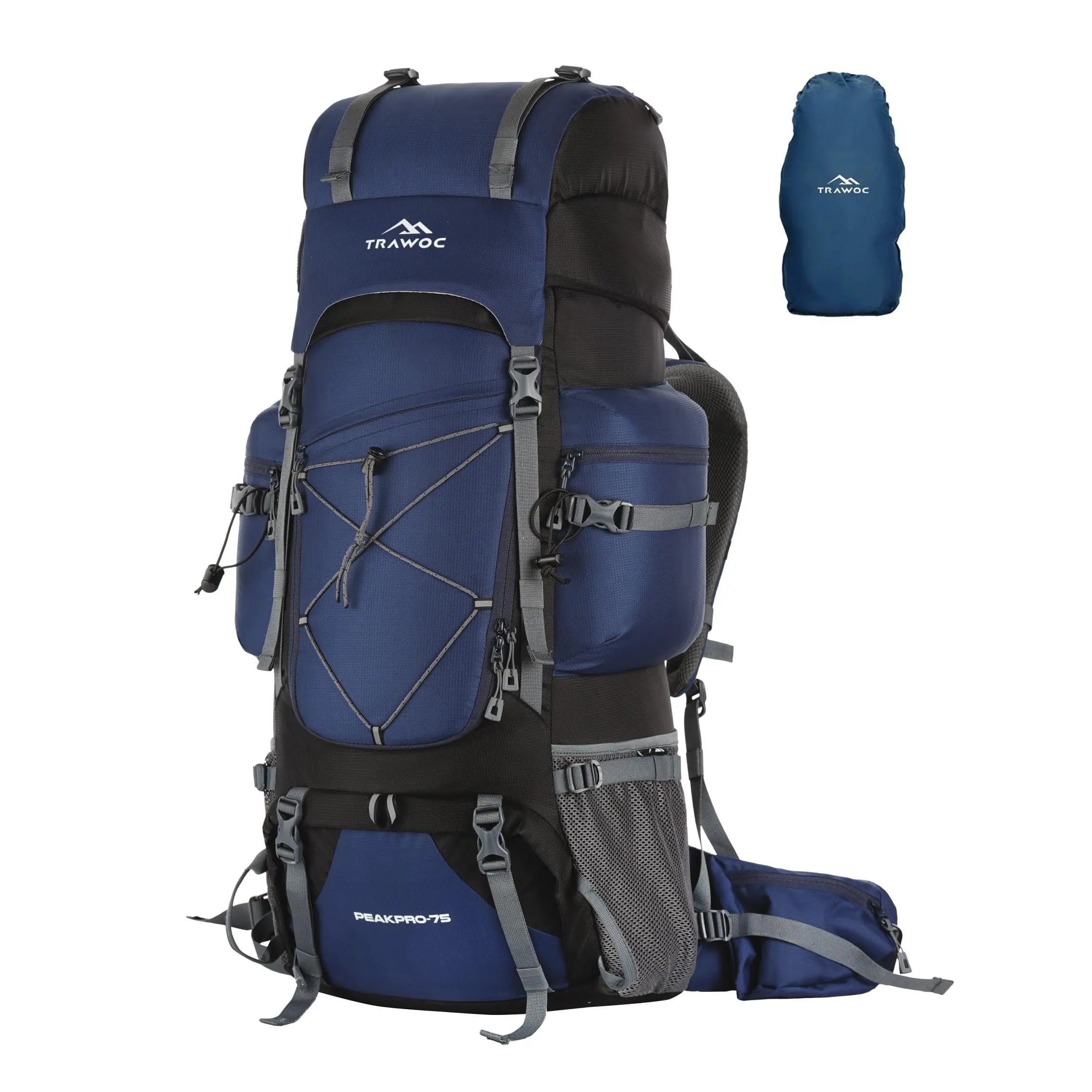 TRAWOC PEAKPRO 75L Travel Backpack - Hiking Trekking Camping Laptop Compartment Rain Cover & Shoe Compartment - Blue