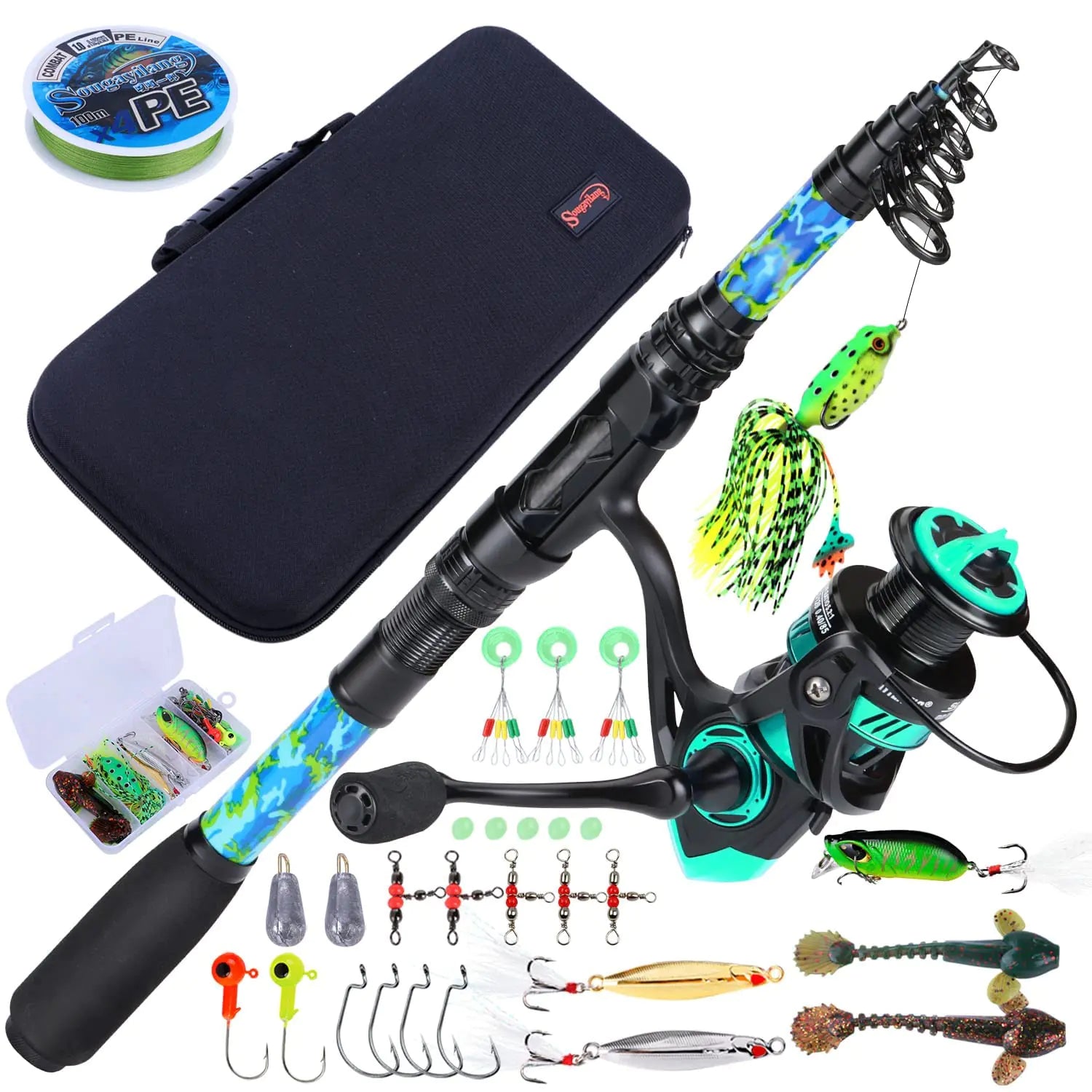 Sougayilang Fishing Rod and Reel Combos with Telescopic Fishing Pole Spinning Reels Fishing Carrier Bag for Travel Saltwater Freshwater Fishing
