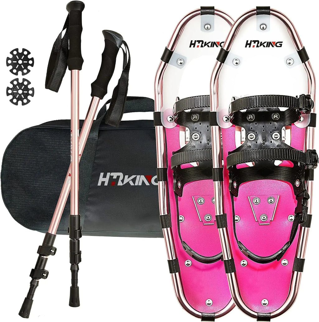 Lightweight Snowshoes for Women Men Youth Kids Aluminum All-Terrain Snowshoes with Adjustable Trekking Poles and Heavy-Duty Carrying Tote Bag 14 inches Blue/Gold/Pink