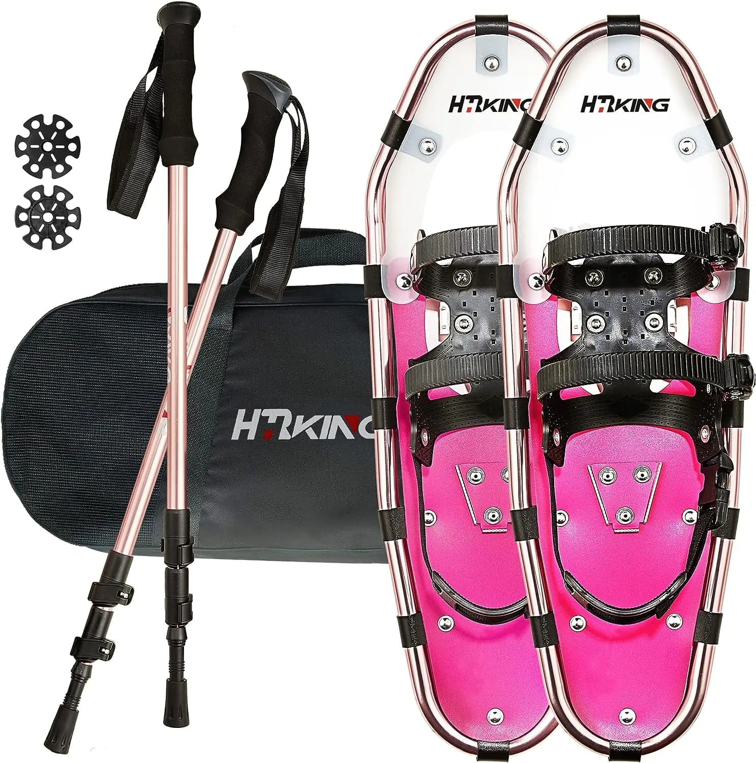 Lightweight Snowshoes for Women Men Youth Kids Aluminum All-Terrain Snowshoes with Adjustable Trekking Poles and Heavy-Duty Carrying Tote Bag 14 inches Blue/Gold/Pink