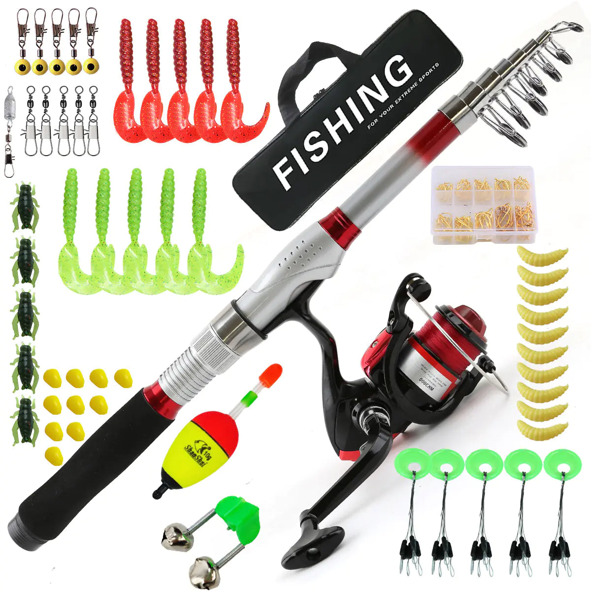 ZURYP Fishing Gear Set with Rod, Soft Baits, Hooks
