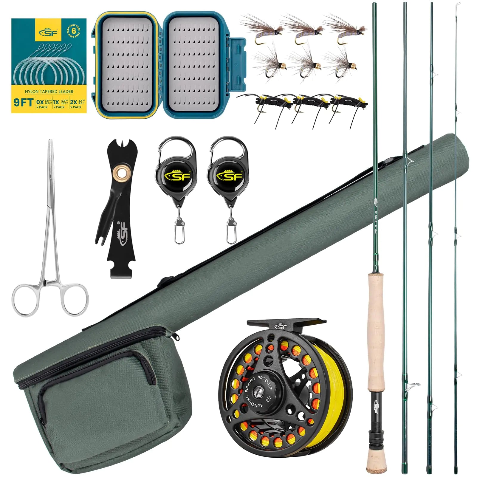 SF Fly Fishing Rod Combo Starter Kit 4 Piece 8WT 9FT Emerald Green 24T Carbon Fiber Trout Fly Rod with Reel Rod case Fly Box with FliesTapered Leader Knot Tying Tools